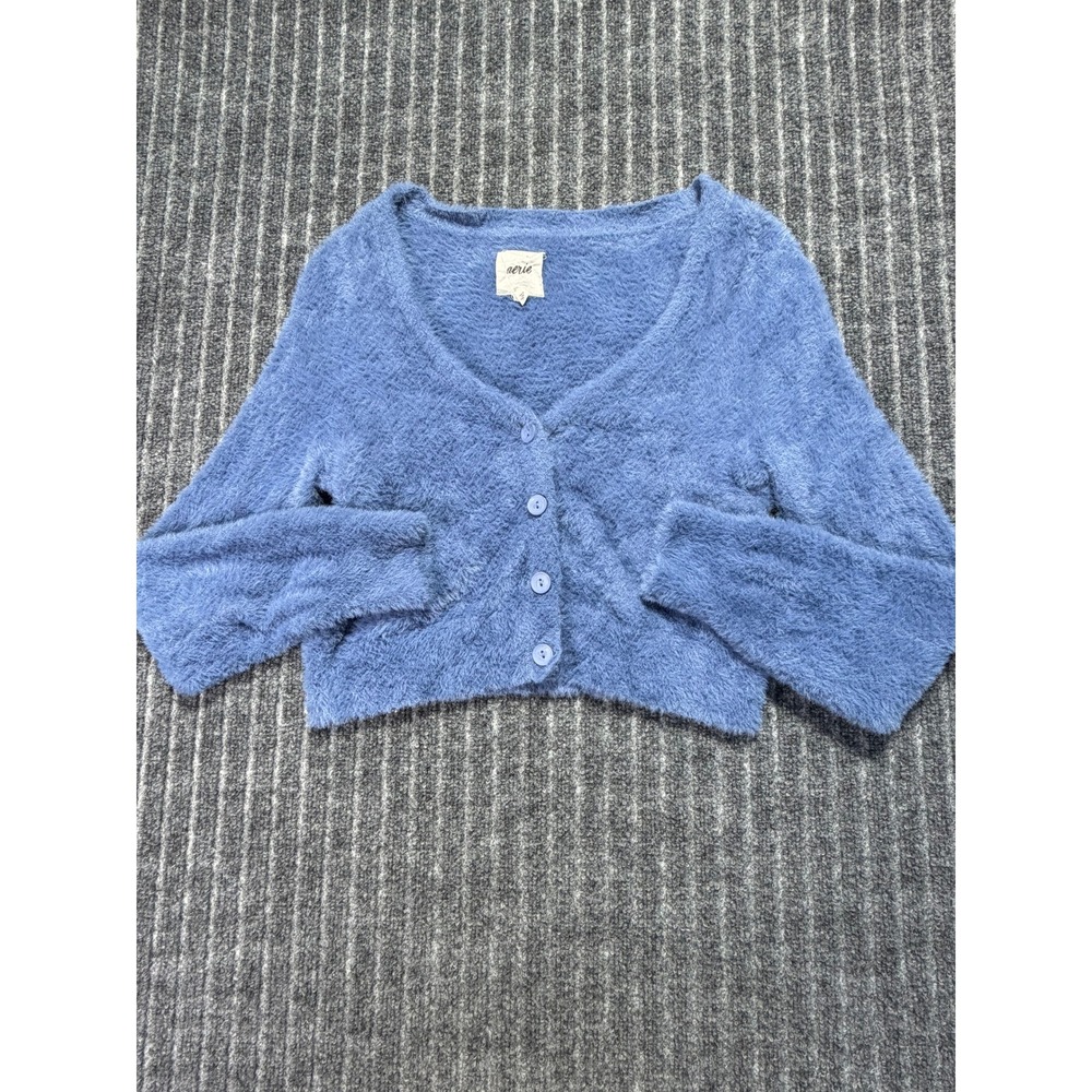 Aerie Cardigan XS Fuzzy Eyelash Knit Cropped V-Neck Sweater Coquette Preppy